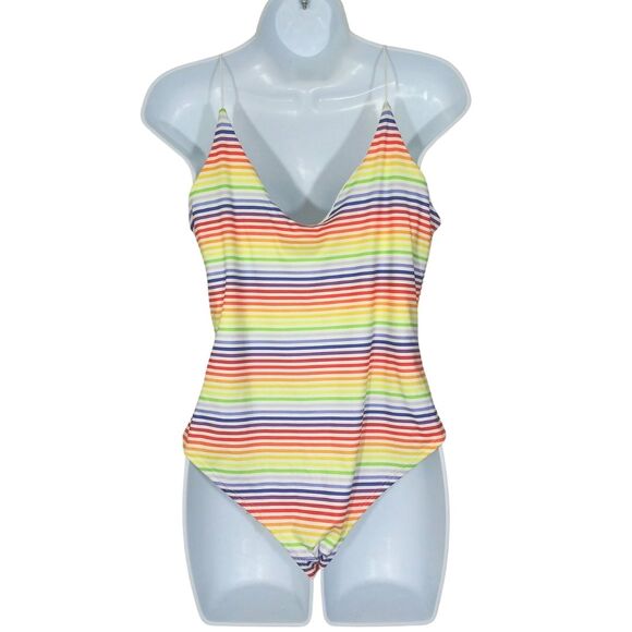 Rainbow Colorful Striped Sleeveless Bodysuit Funky Pride Y2K Sz Medium - Picture 2 of 4